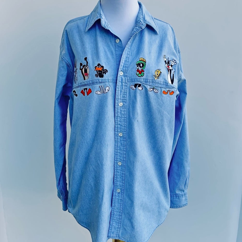 Warner Bros. Vintage Denim Top with Bugs Bunny & Friends Characters Embroidery